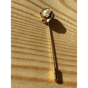 Vintage Gold Tone Rose Stick Pin Brooch With Faux Pearl Accent